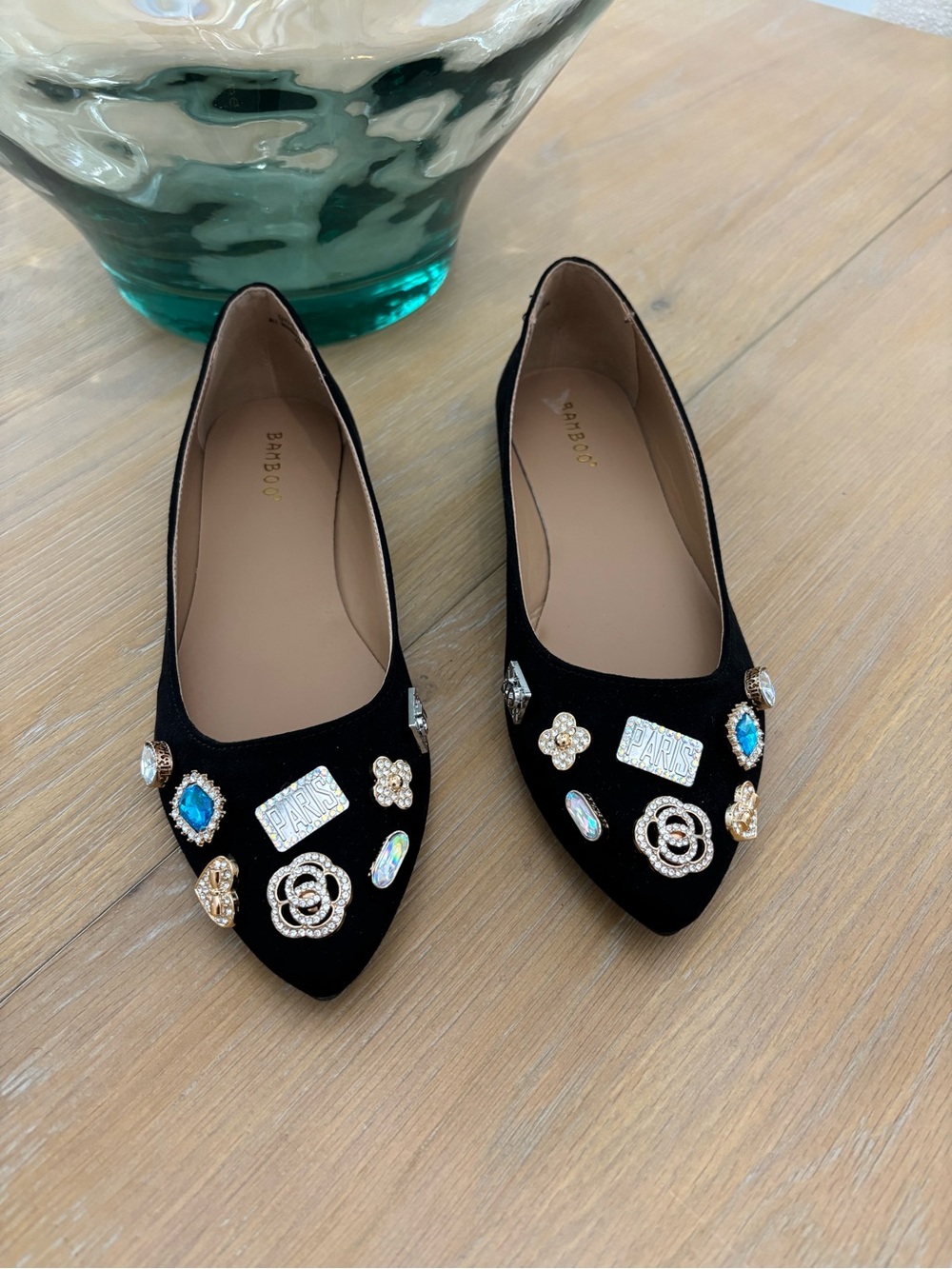 BAMBOO Black Embellished Pointed Toe Flats with Blue Accents